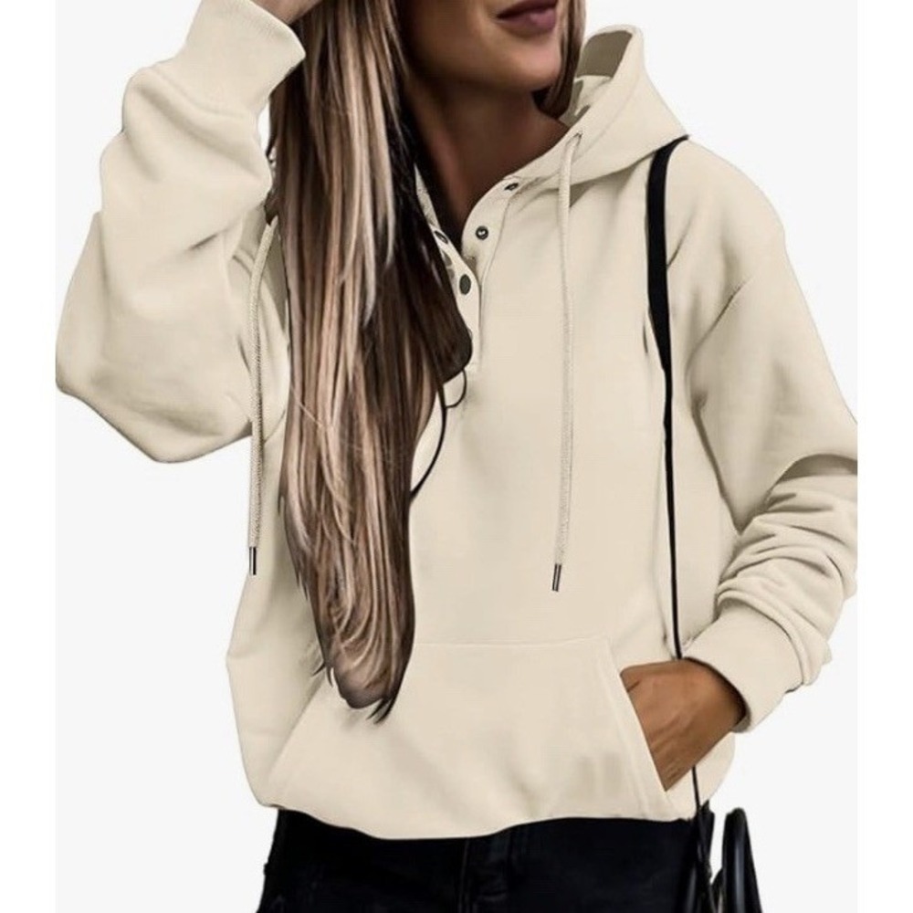 SHEWIN Hoodie Pullover Womens L Apricot New Button Neck Sweatshirt C928